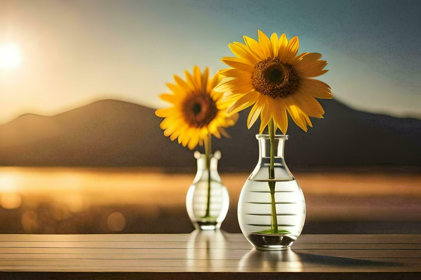 sunflowers in vases on a table with mountains in the background. AI-Generated photo