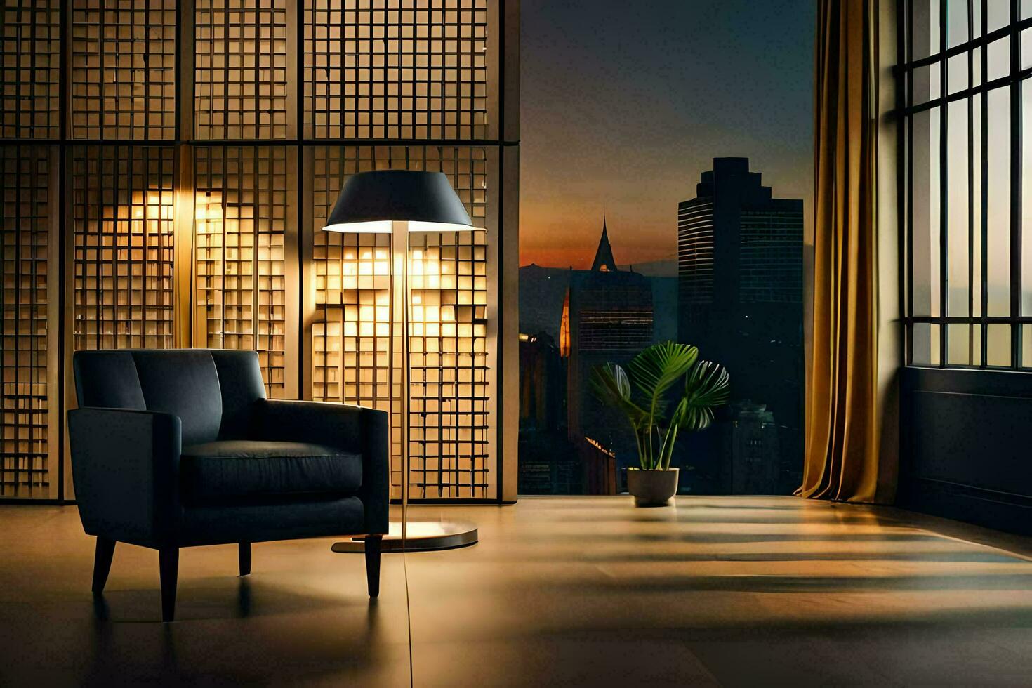 a chair and lamp in front of a window with a city view. AI-Generated photo