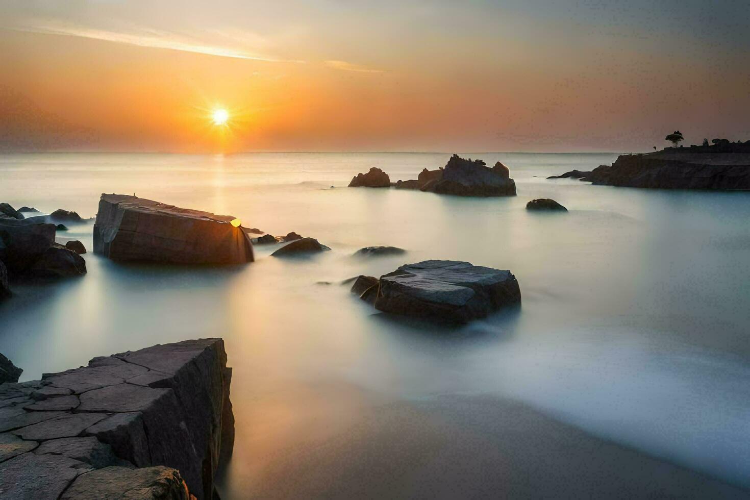 the sun rises over the ocean and rocks. AI-Generated photo