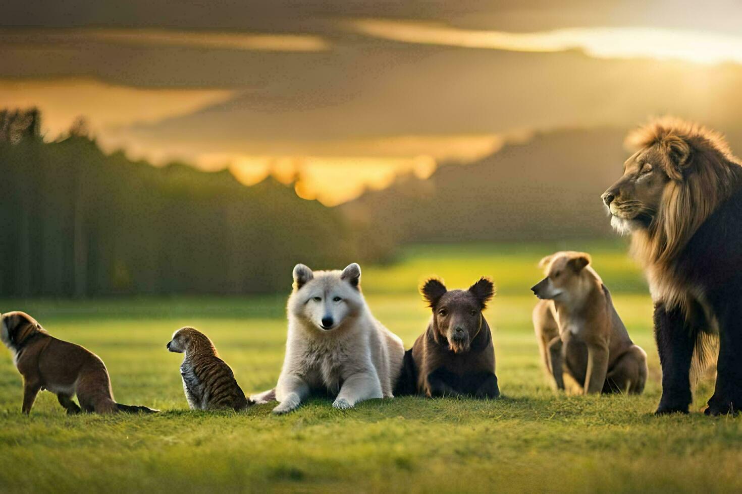 un grupo de animales son sentado en el césped. generado por ai foto