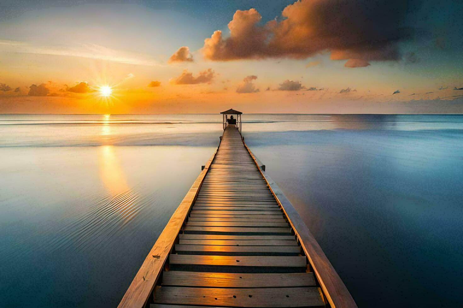 un de madera muelle estiramientos fuera dentro el Oceano a puesta de sol. generado por ai foto