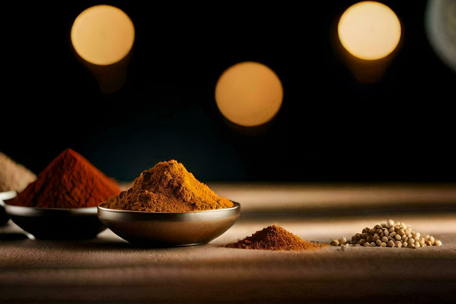 spices in bowls on a table with a clock. AI-Generated photo
