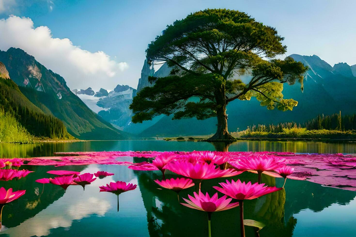 pink lotus flowers in the water with mountains in the background. AI-Generated photo