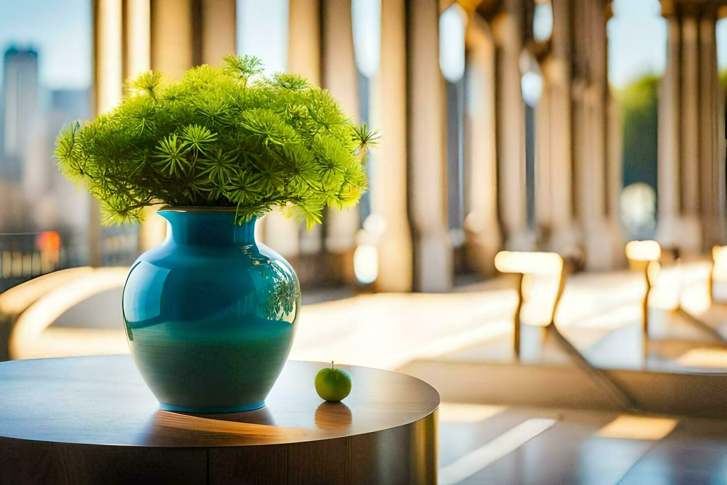a blue vase with green flowers sitting on a table. AI-Generated photo