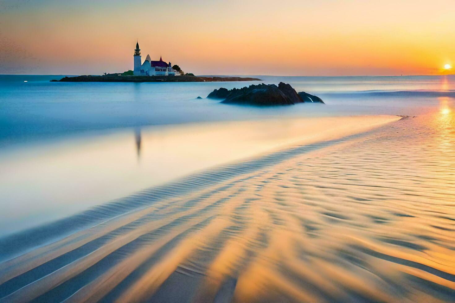 a lighthouse sits on the beach at sunset. AI-Generated photo