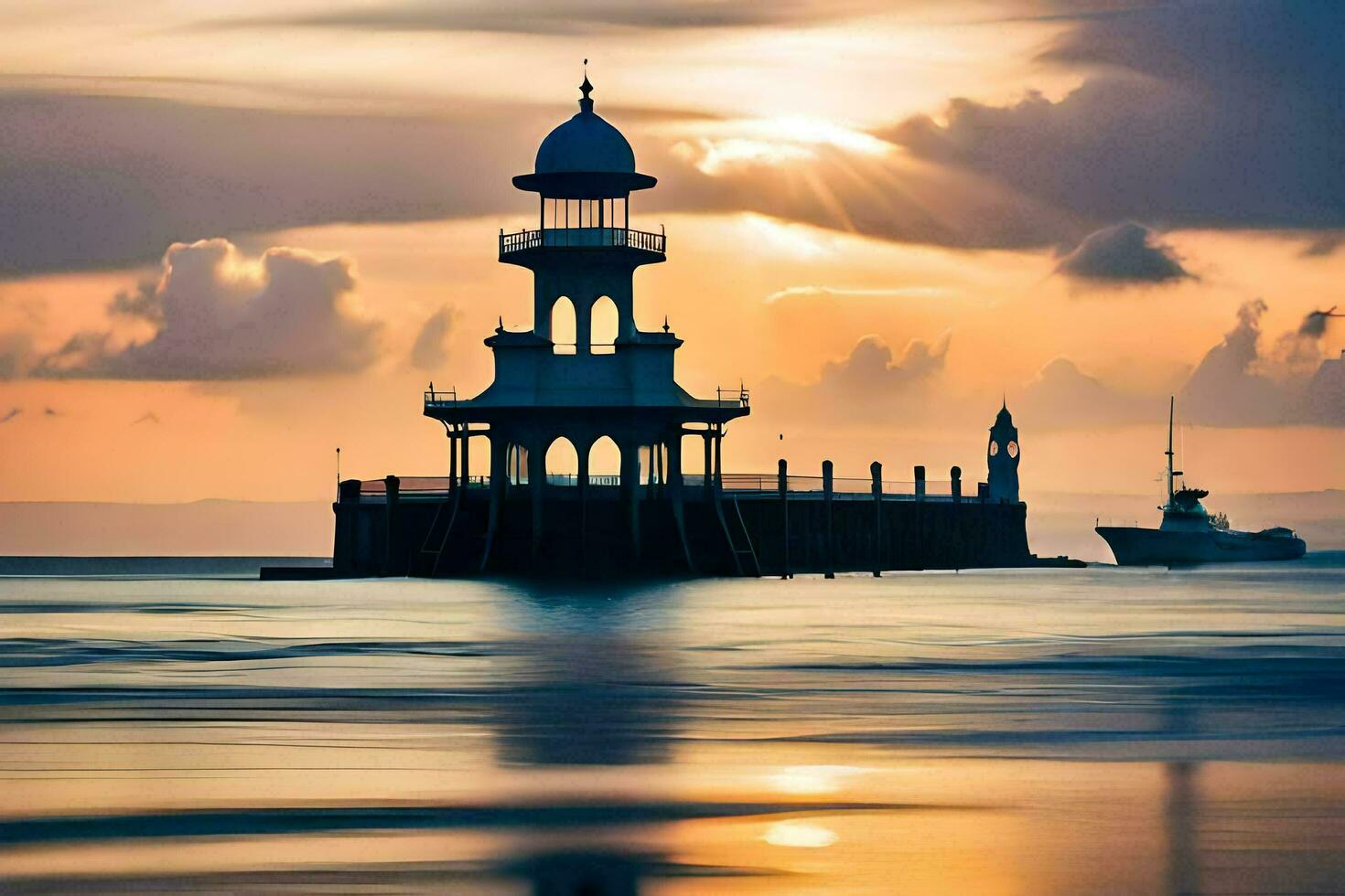 a lighthouse sits on the water at sunset. AI-Generated photo