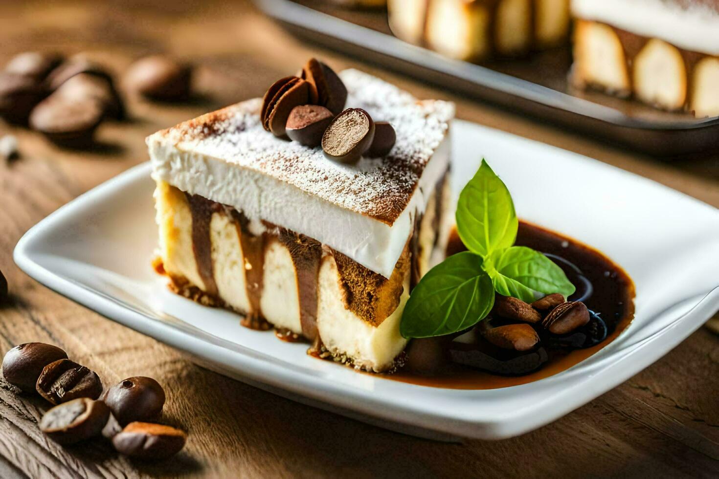 un pedazo de tarta de queso con chocolate papas fritas y menta hojas. generado por ai foto