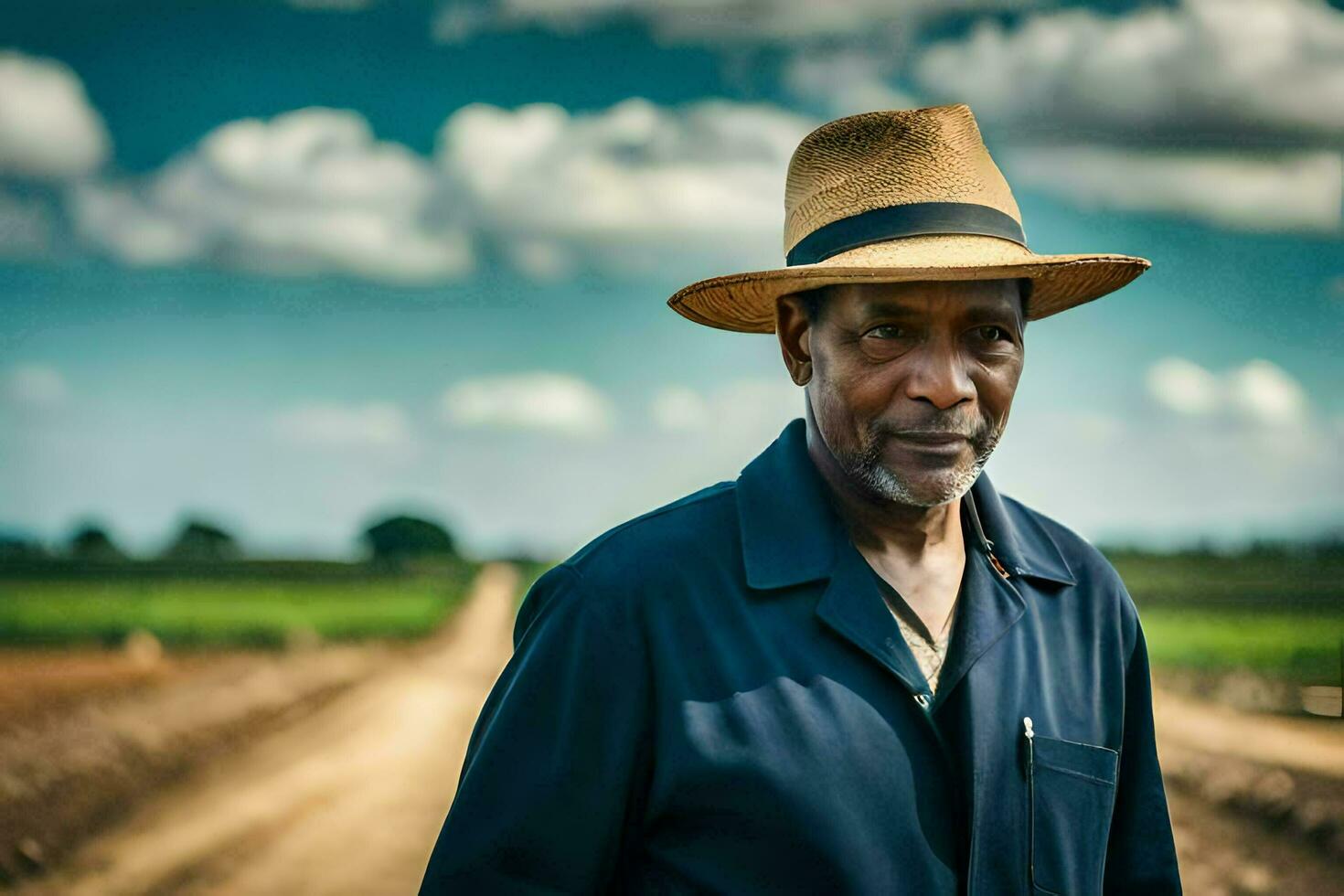 a man in a hat standing on a dirt road. AI-Generated photo