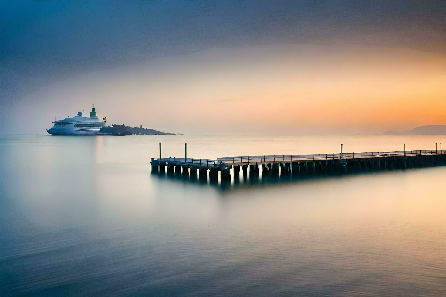 a cruise ship docked at the pier at sunset. AI-Generated photo