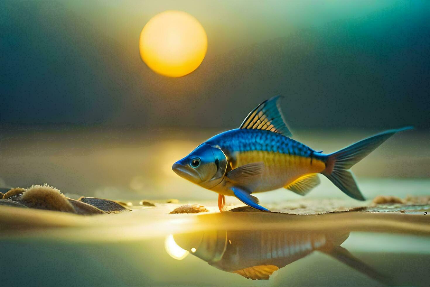 a fish is standing on the beach at sunset. AI-Generated photo