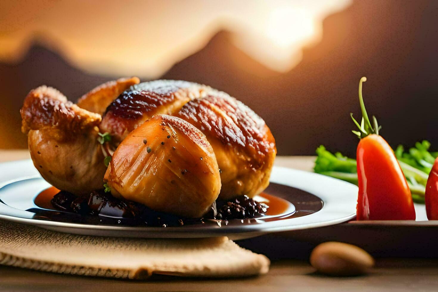 a chicken on a plate with vegetables and a glass of wine. AI-Generated photo