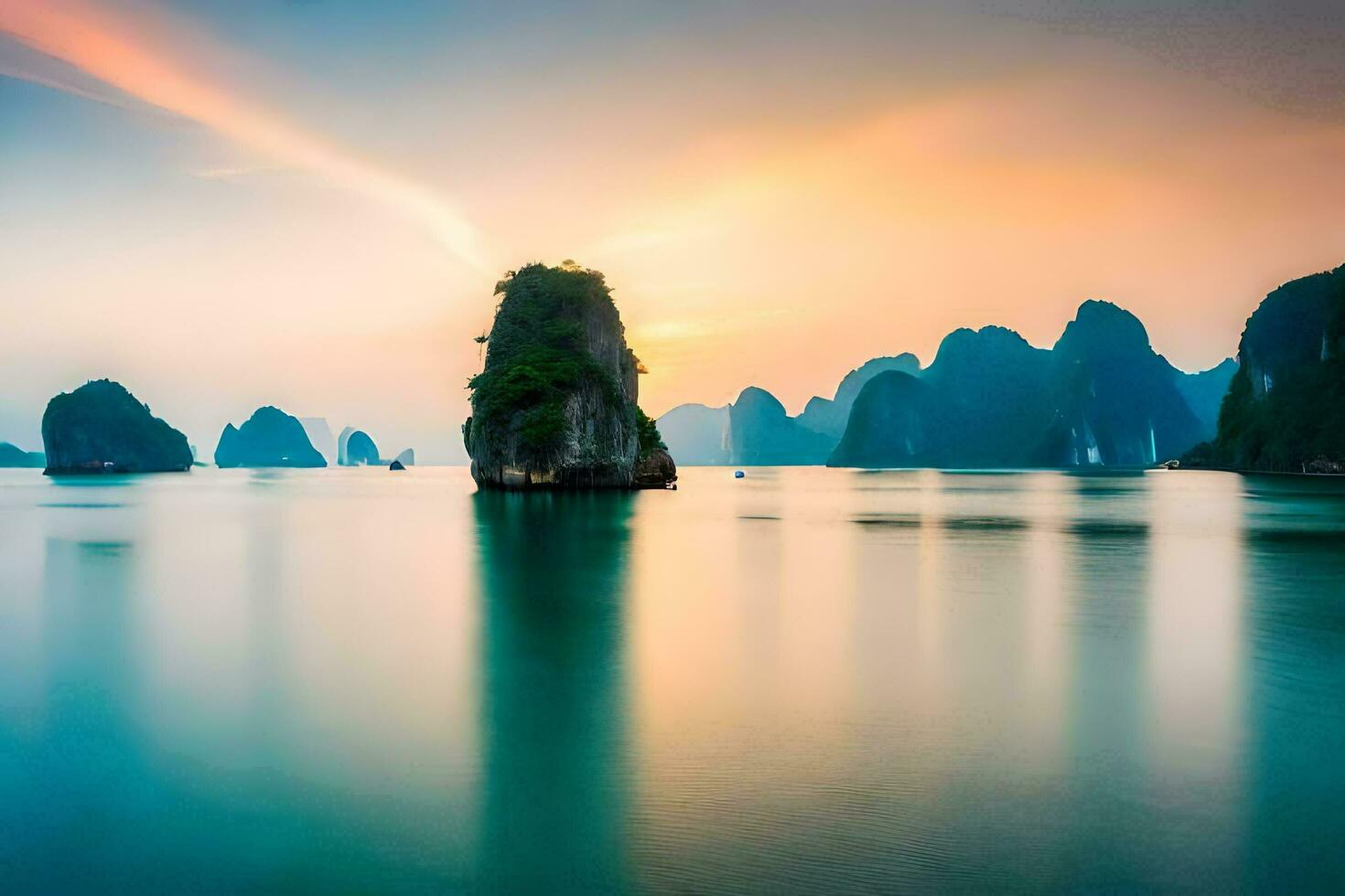 the sunrise over halong bay, vietnam. AI-Generated photo