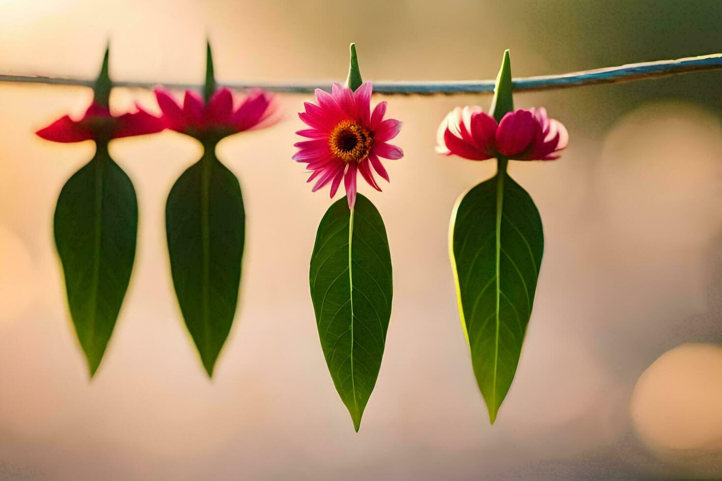three pink flowers hang from a branch. AI-Generated photo