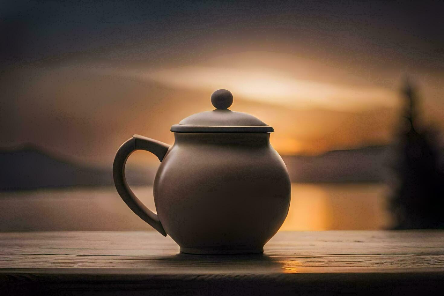 a teapot sitting on a table in front of a lake. AI-Generated photo