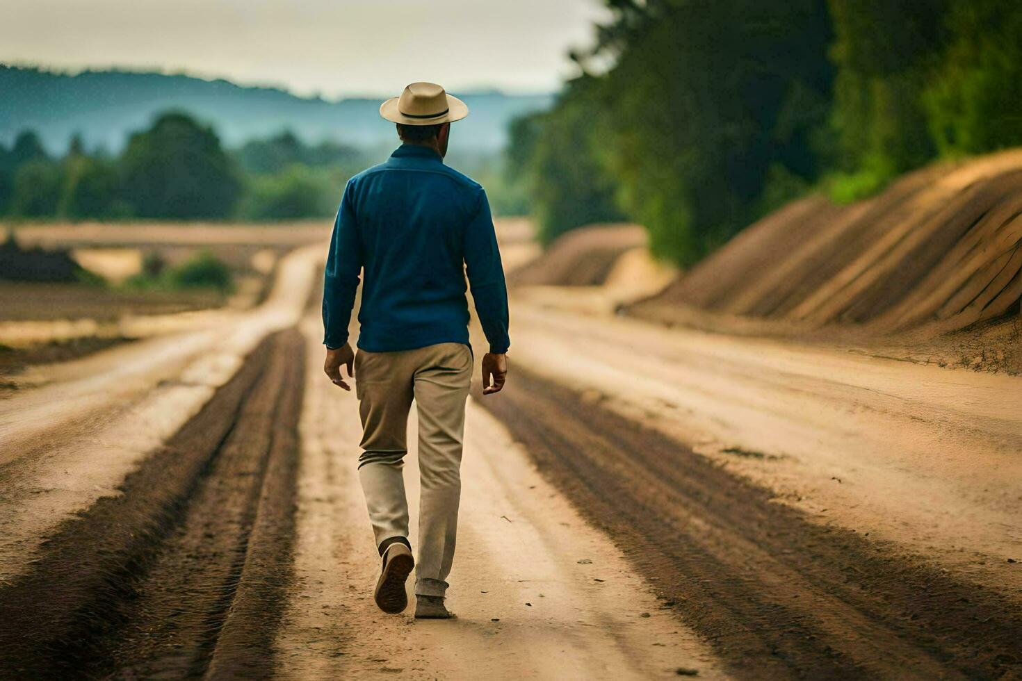 un hombre en un sombrero camina abajo un suciedad la carretera. generado por ai foto