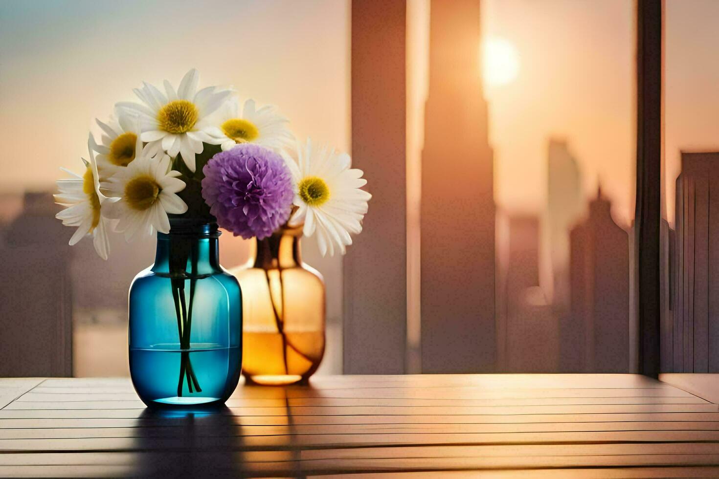 two vases with flowers on a table in front of a cityscape. AI-Generated photo