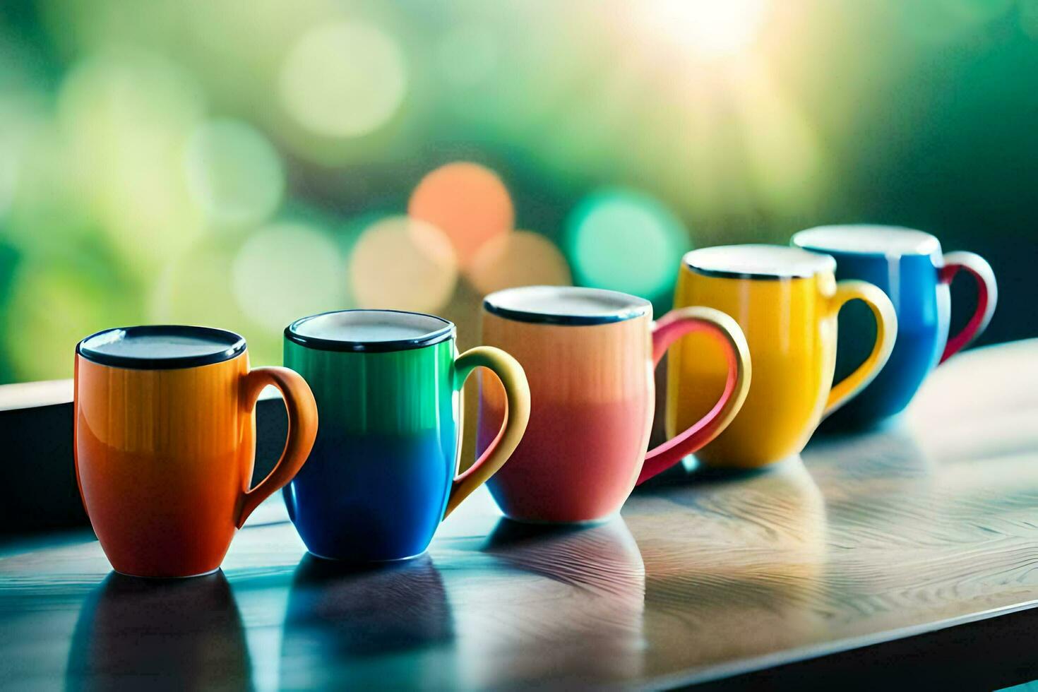 colorful coffee cups lined up on a table. AI-Generated photo