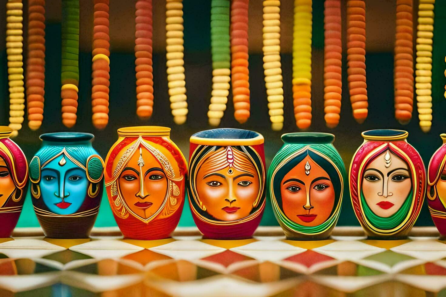 colorful vases with faces on them. AI-Generated photo