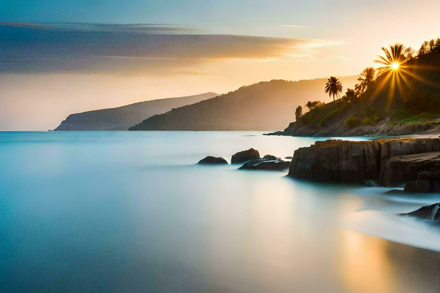 the sun rises over the ocean and rocks. AI-Generated photo