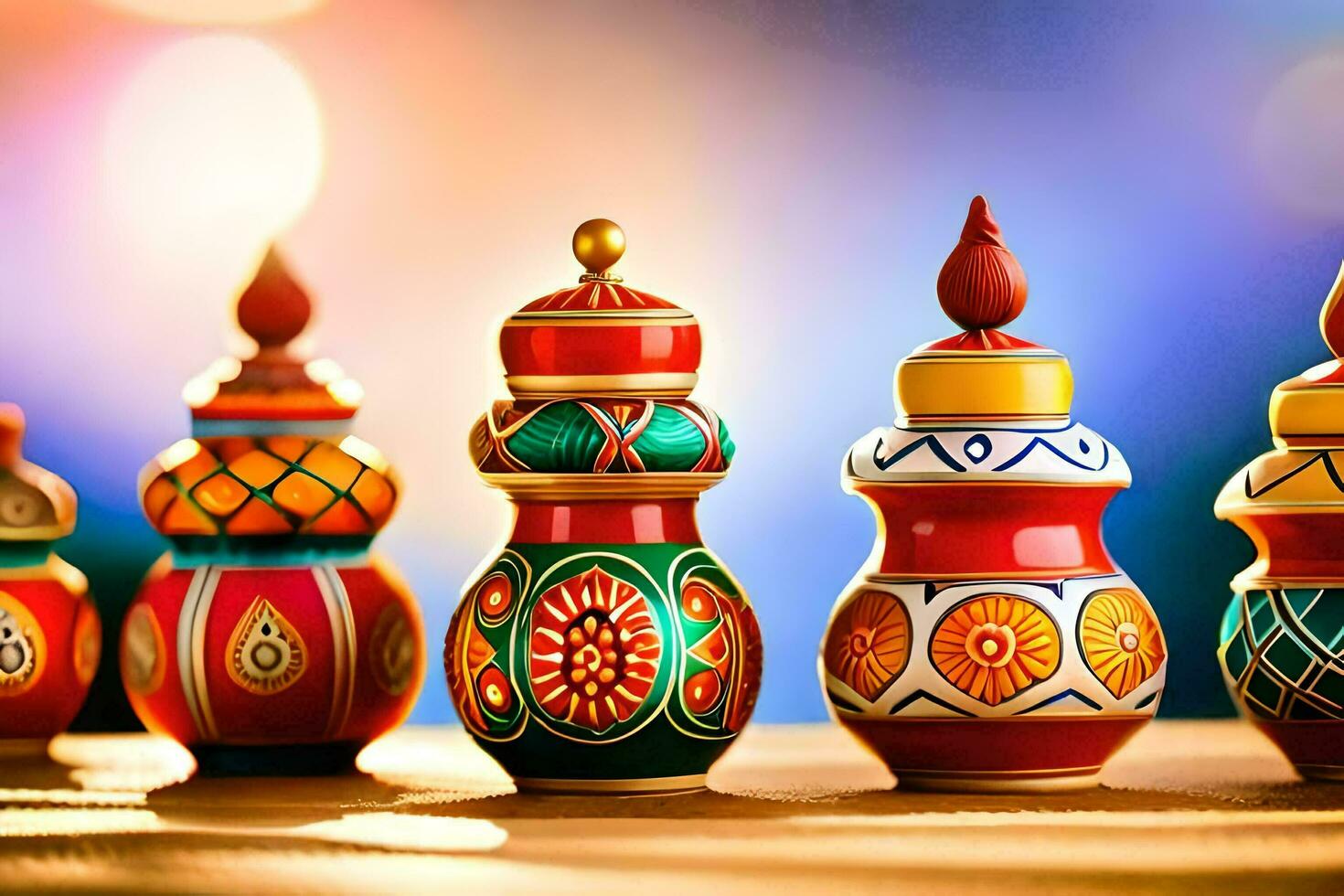 colorful decorative vases on a table with a bright background. AI-Generated photo