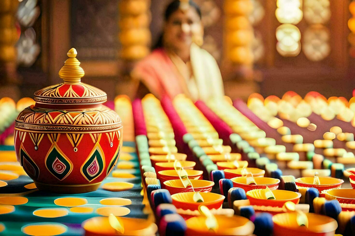 a woman is standing in front of a colorful pot. AI-Generated photo