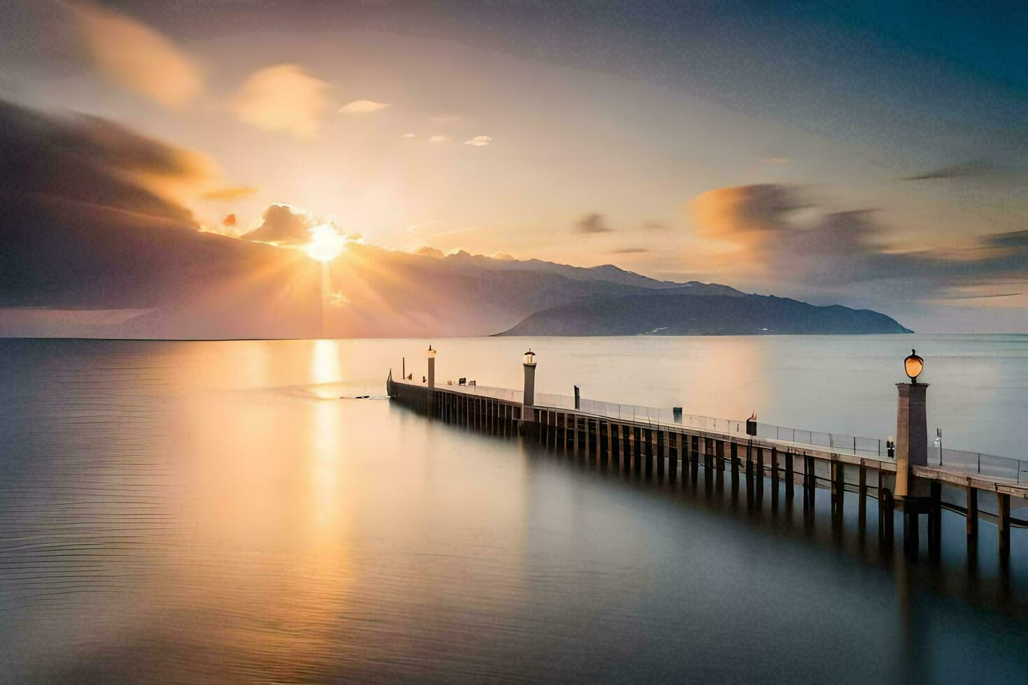 the sun is setting over a pier in the ocean. AI-Generated photo