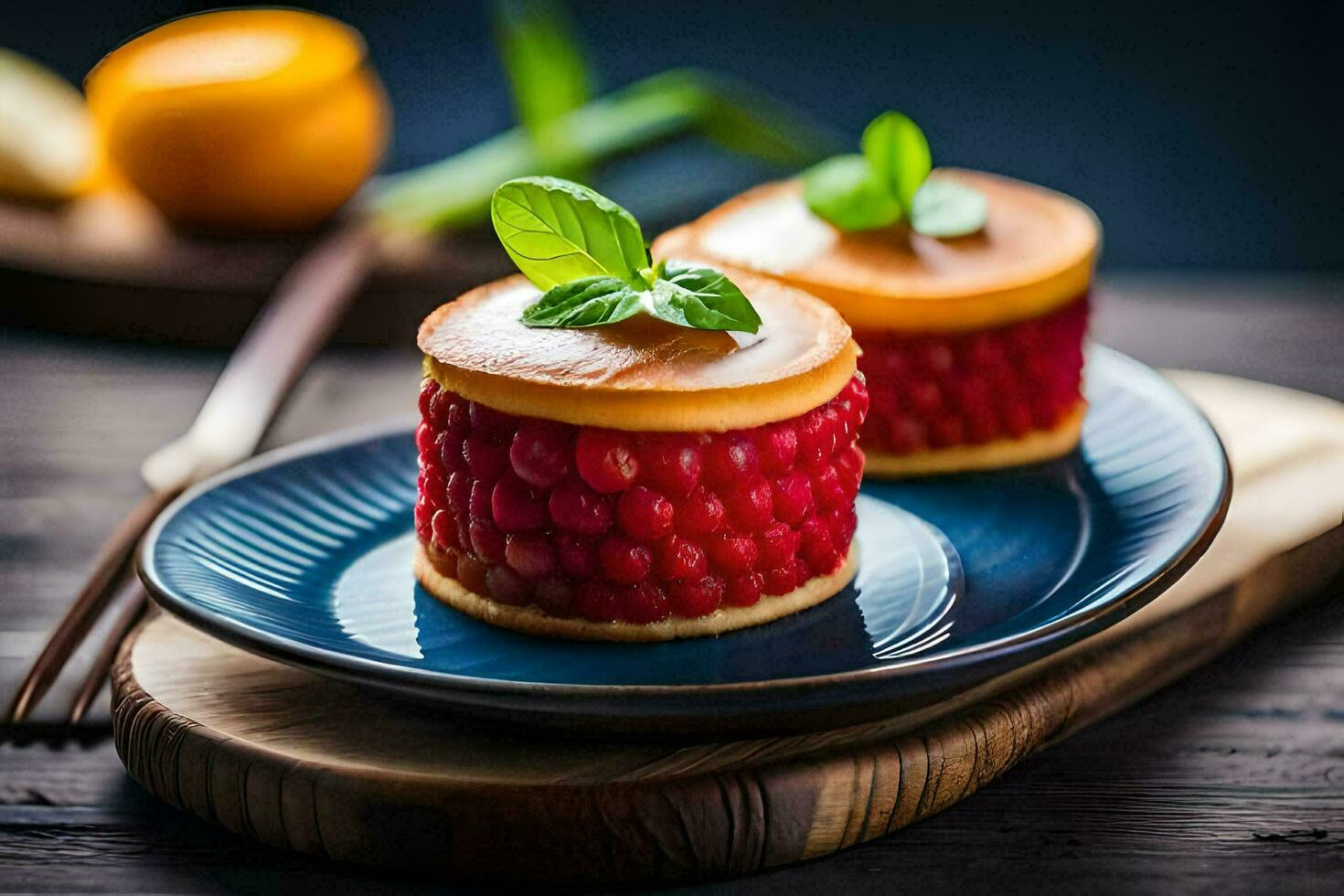 two small desserts on a plate with mint leaves. AI-Generated photo