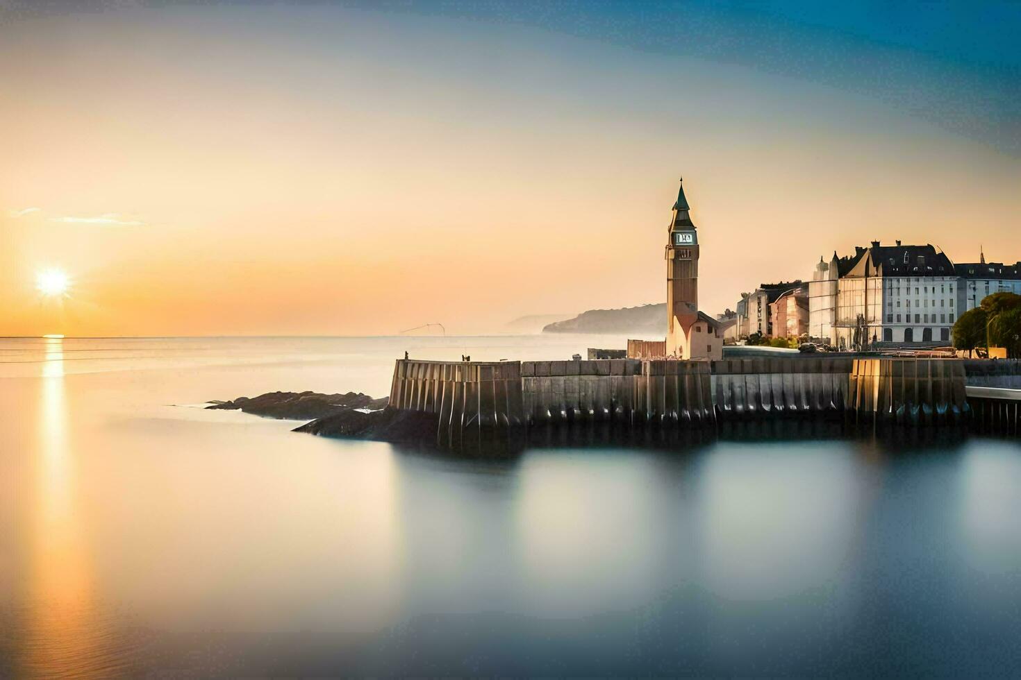 a long exposure photograph of a clock tower in the distance. AI-Generated photo