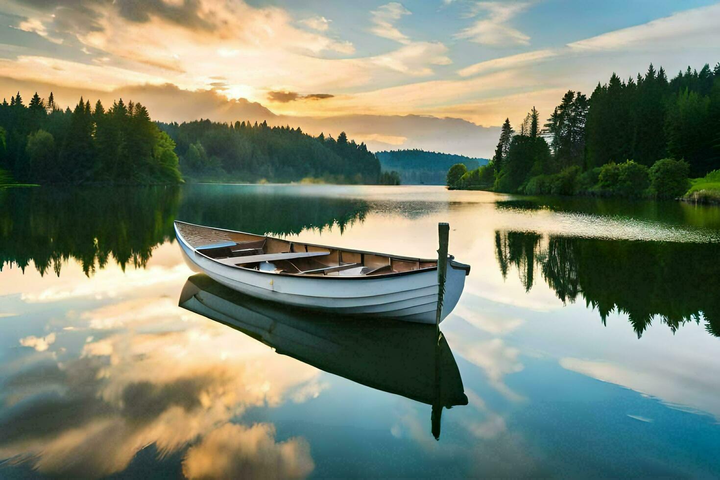 a boat sits on the water at sunset. AI-Generated photo