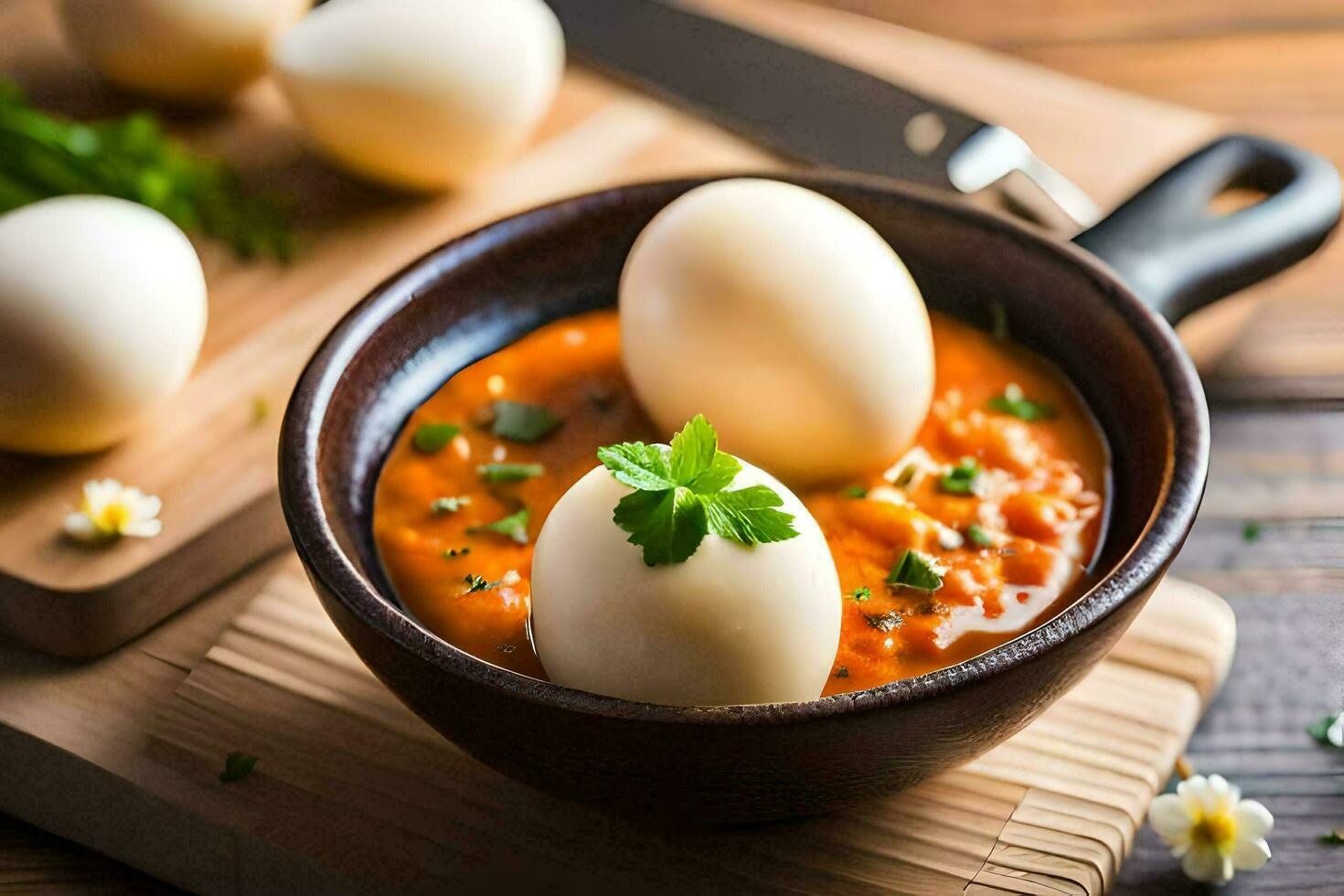 eggs in a sauce on a wooden board. AI-Generated photo