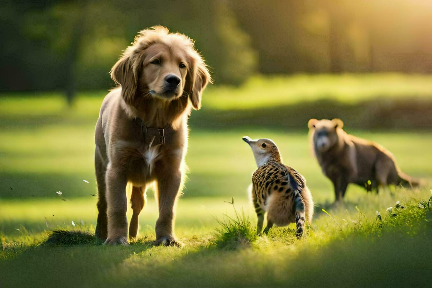 a dog and a bird in the grass. AI-Generated photo