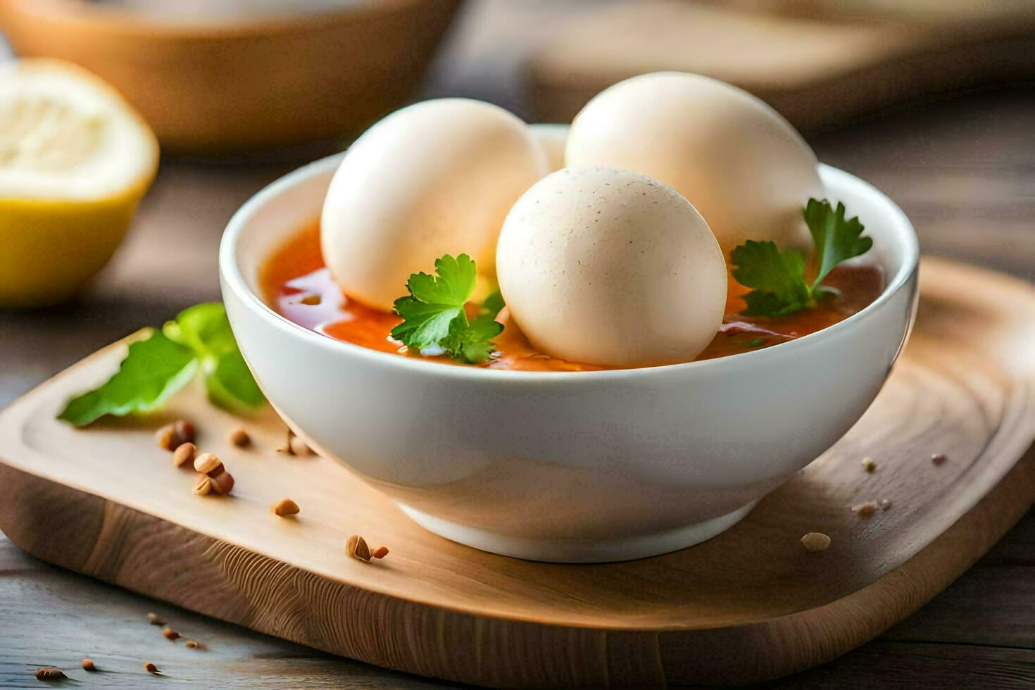 eggs in a bowl with sauce and herbs. AI-Generated photo