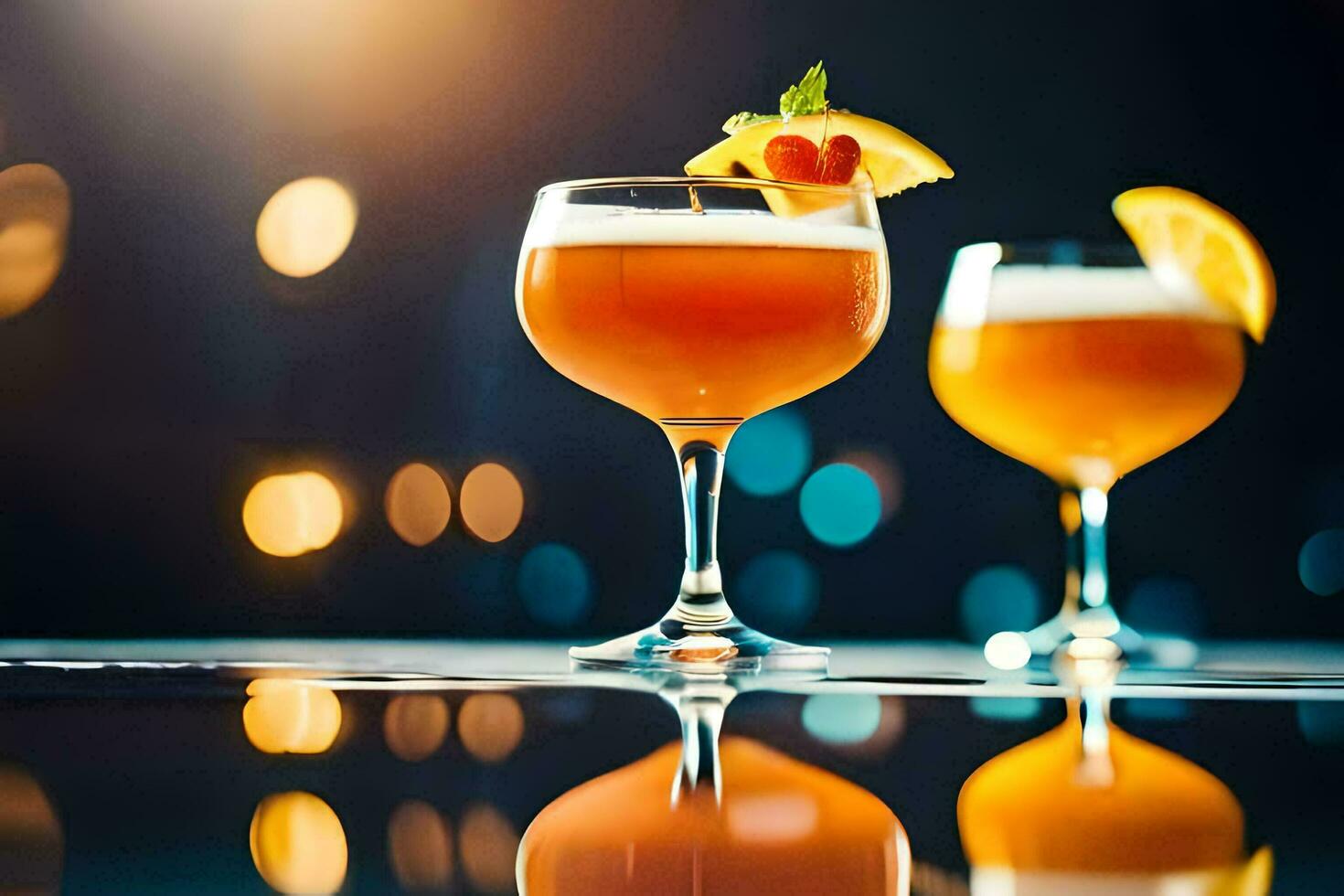 two glasses of alcohol with a garnish on top. AI-Generated photo