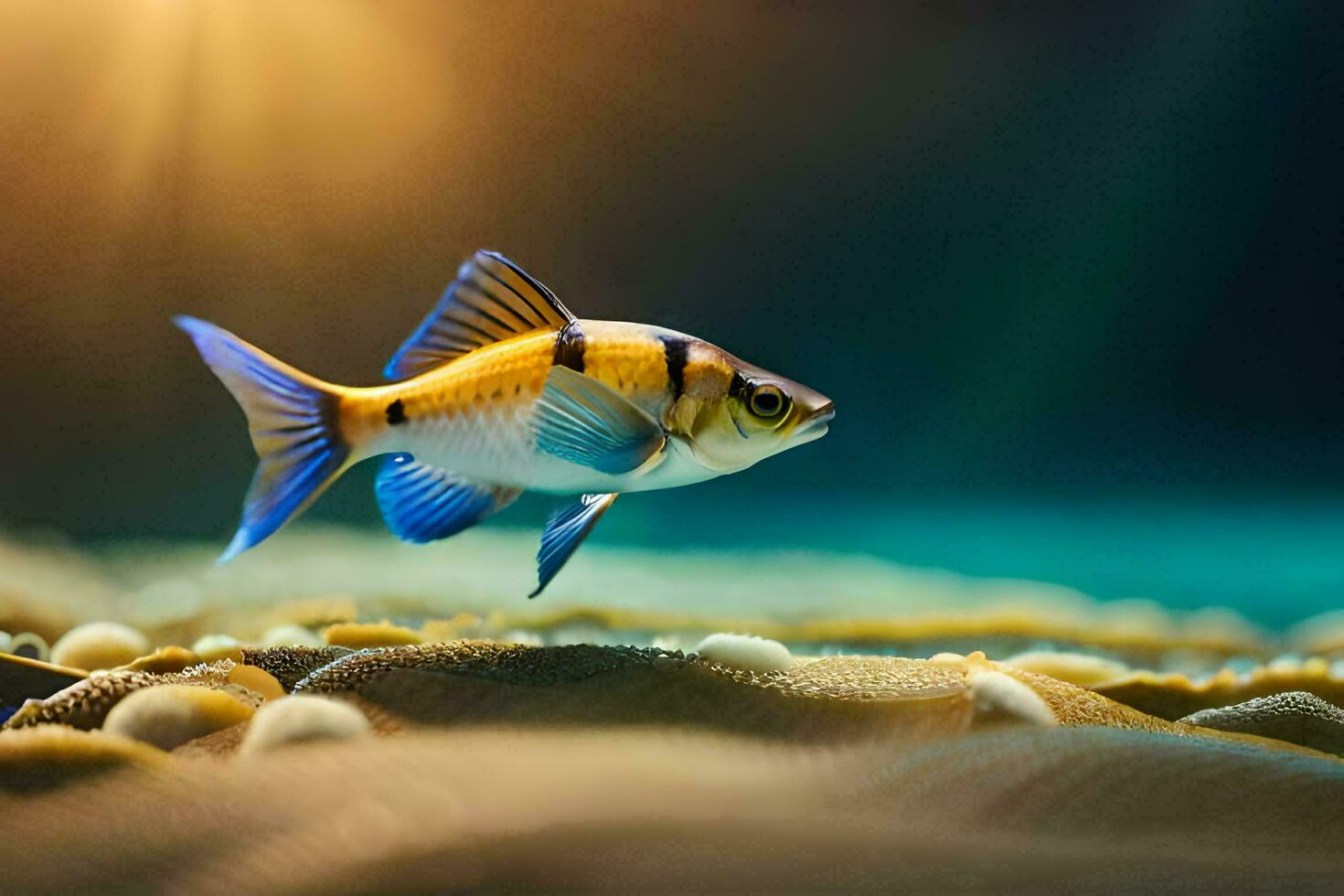 un pescado nadando en el Oceano con el Dom brillante. generado por ai foto