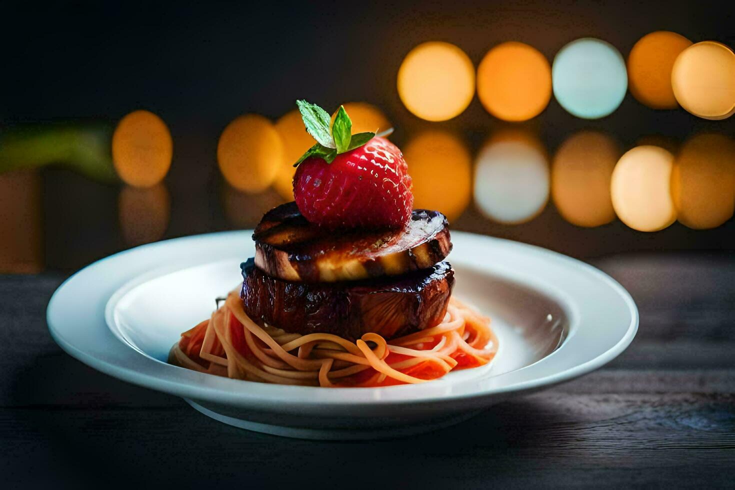 a plate with a grilled steak and a strawberry. AI-Generated photo