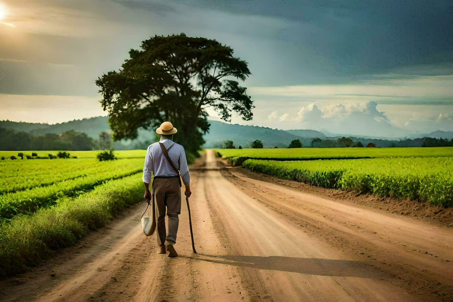 a man walking down a dirt road with a bag. AI-Generated photo