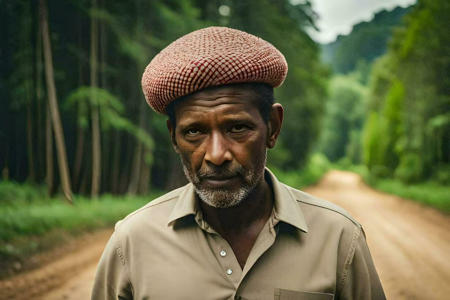 un antiguo hombre vistiendo un rojo sombrero en un suciedad la carretera. generado por ai foto