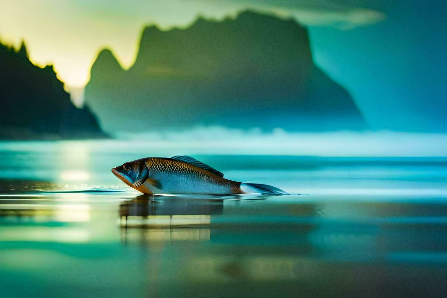 a fish swimming in the ocean at sunset. AI-Generated photo