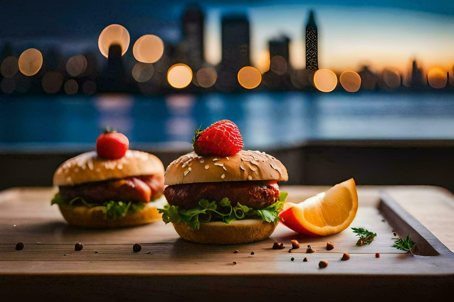 two hamburgers with strawberries on top of a wooden board. AI-Generated photo