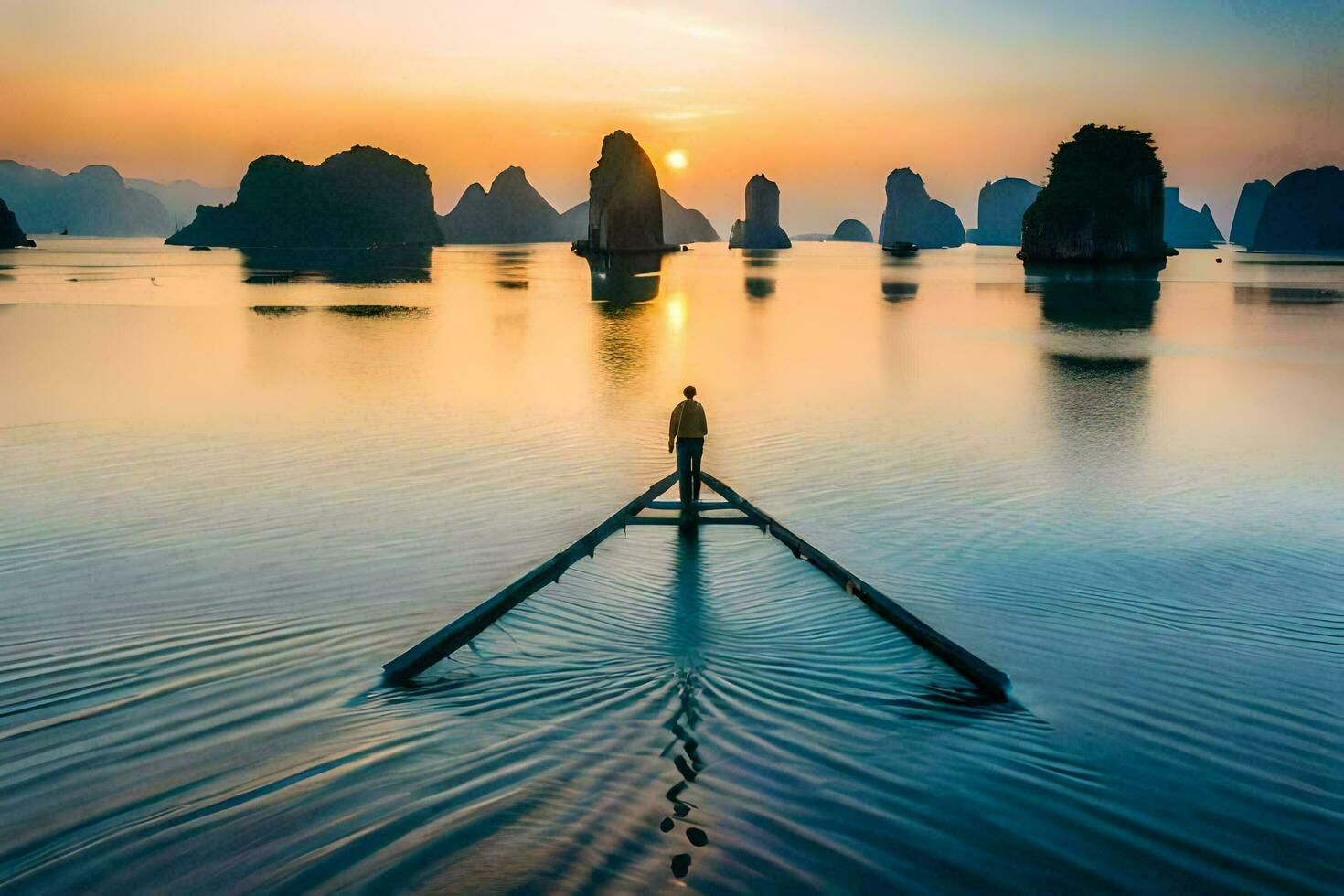 a man stands on a wooden pier in the middle of a body of water. AI-Generated photo