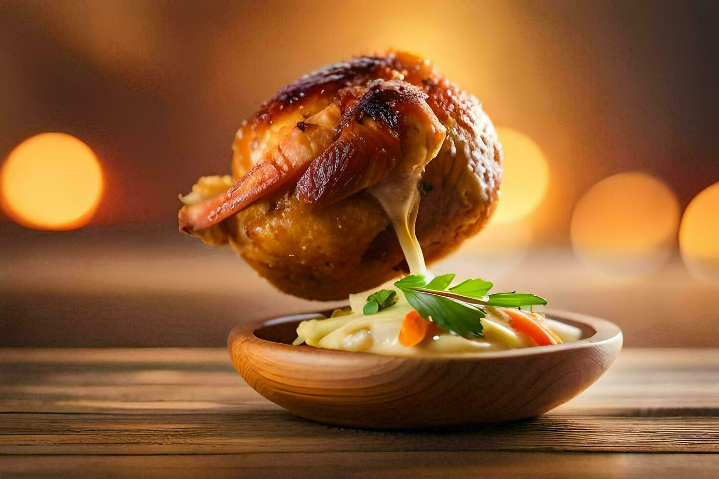 a chicken is being served on a wooden bowl. AI-Generated photo