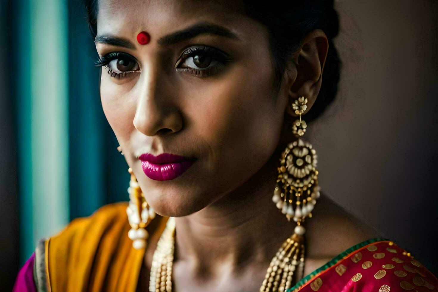 a beautiful indian woman wearing jewelry and a pink lipstick. AI-Generated photo