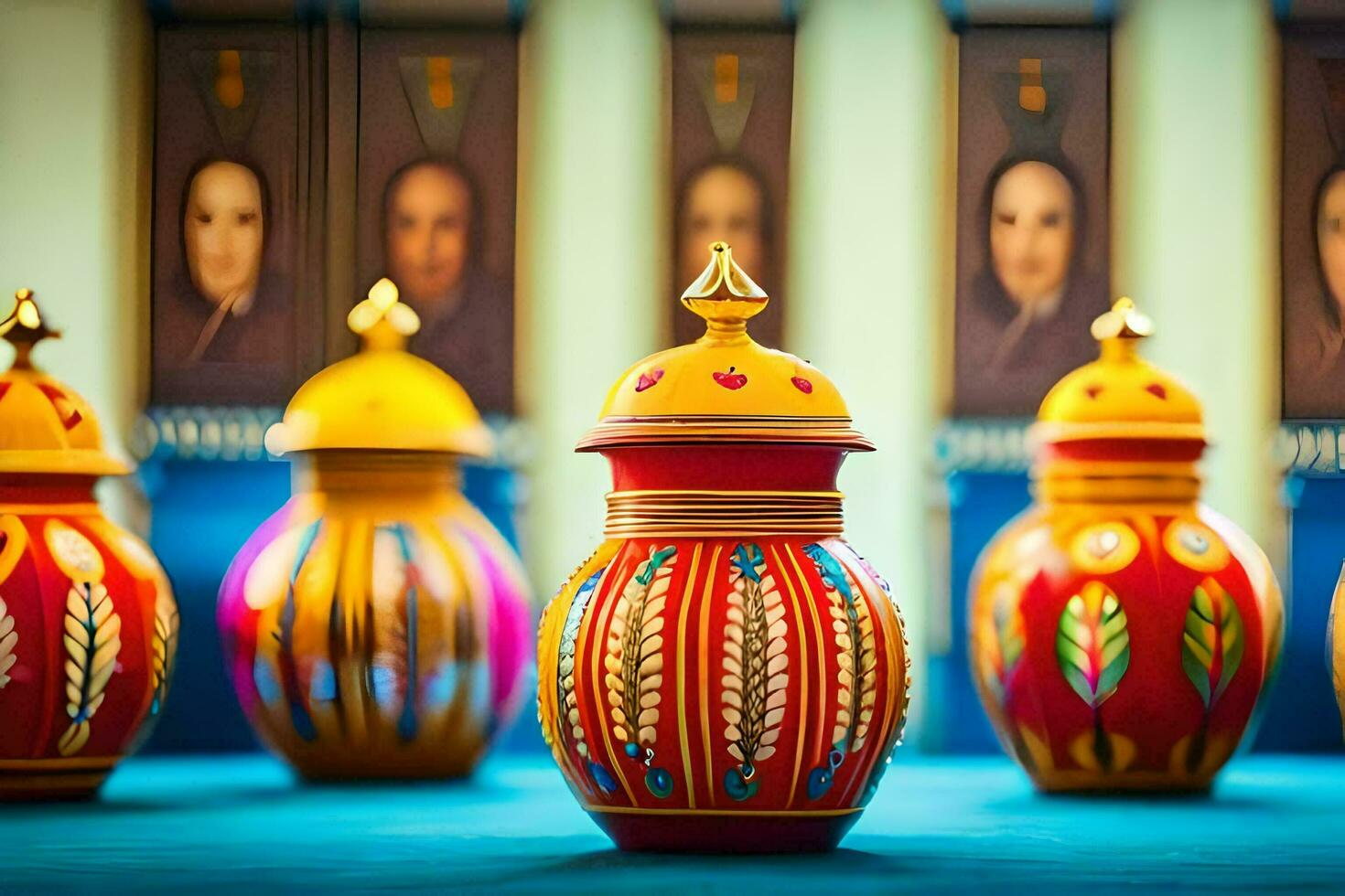 colorful vases are lined up on a table. AI-Generated photo