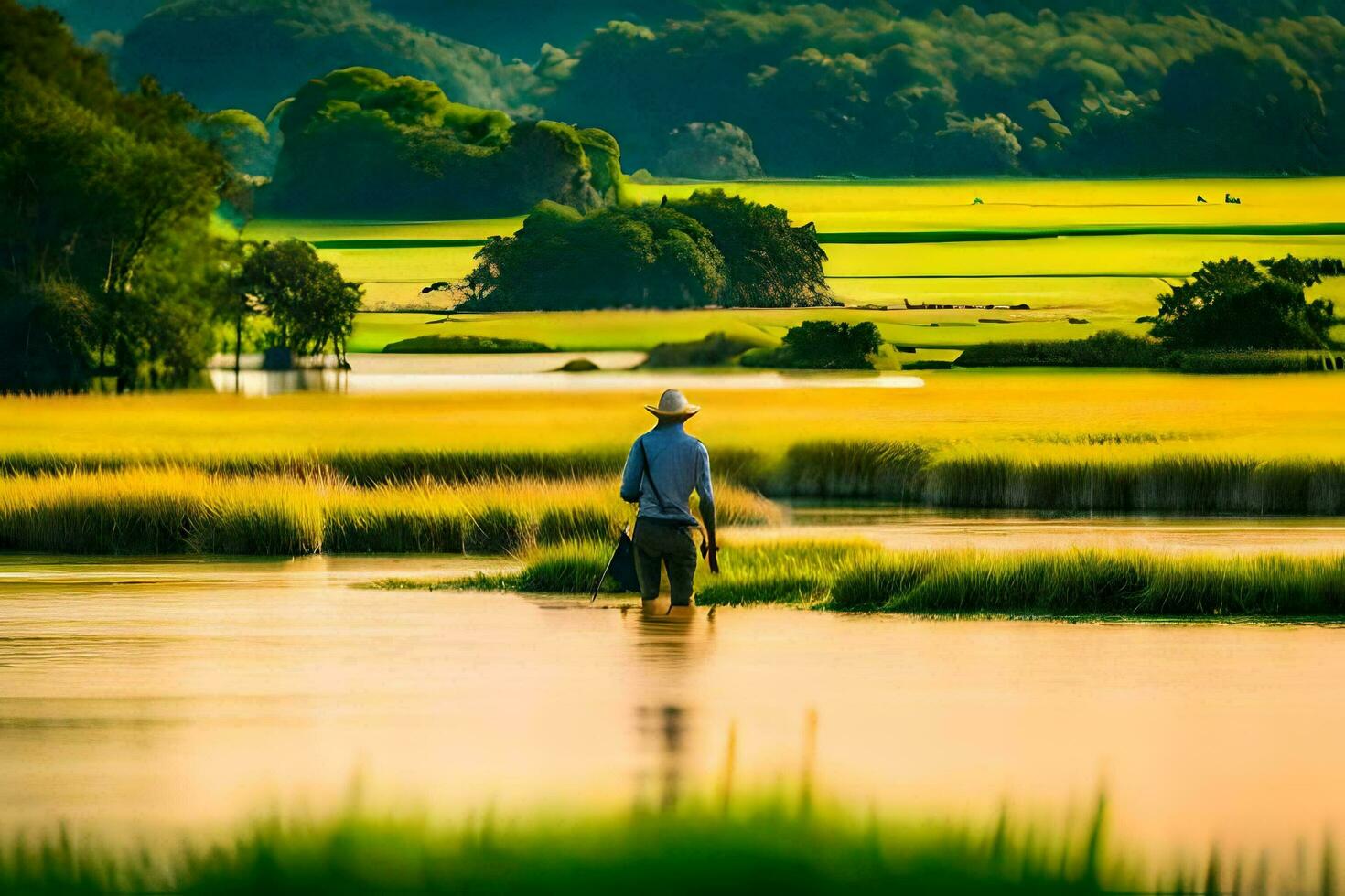 a man standing in the middle of a river. AI-Generated photo