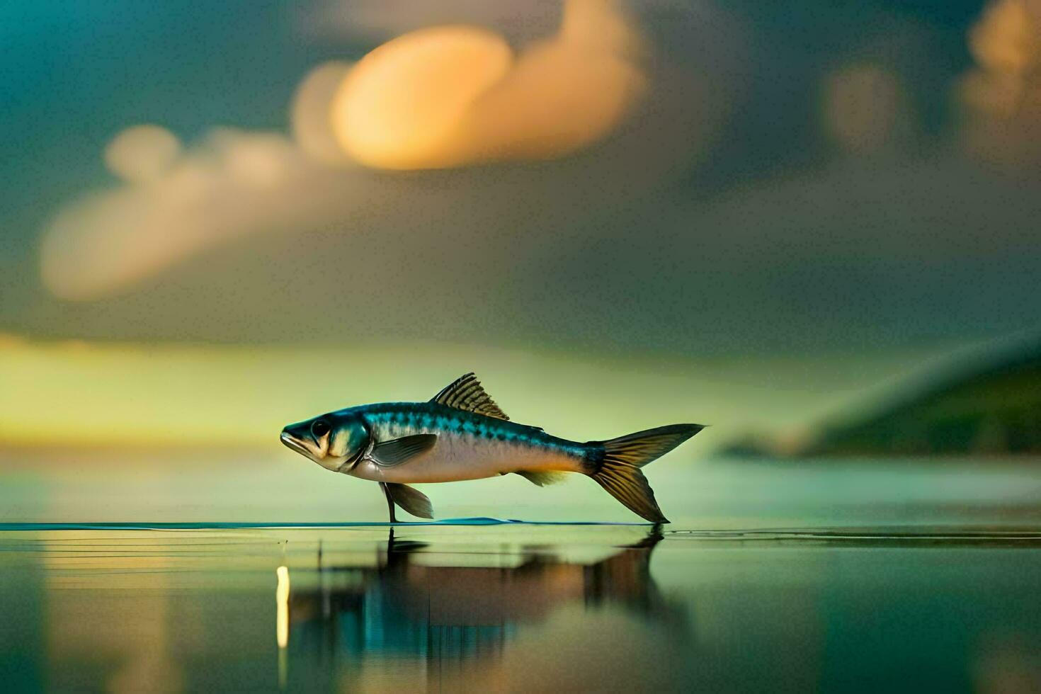 a fish is standing on the beach with a sunset in the background. AI-Generated photo