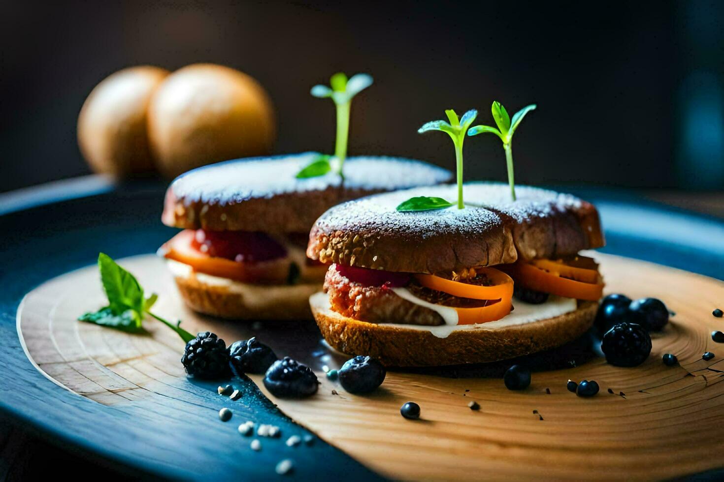 two sandwiches with vegetables on a wooden plate. AI-Generated photo