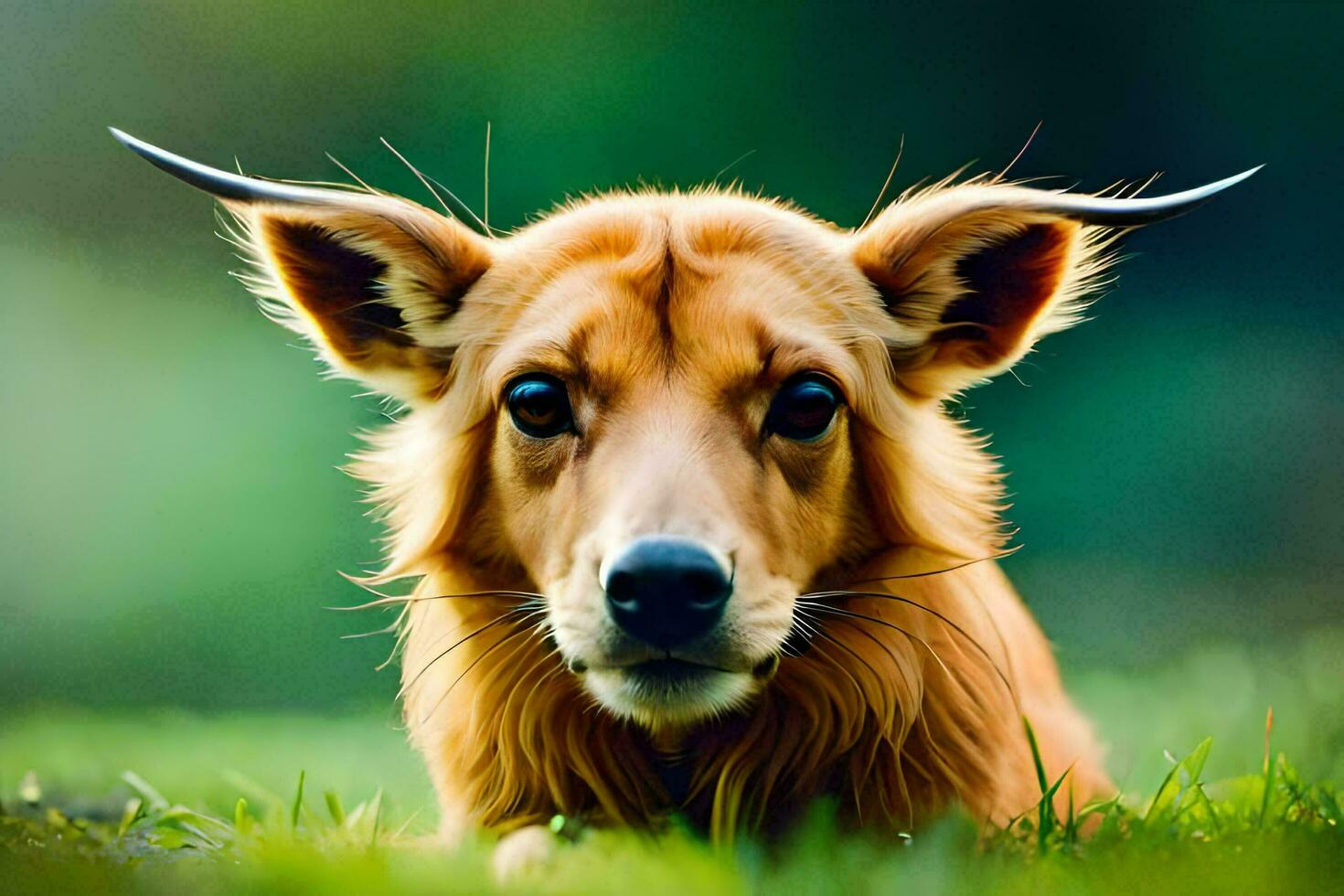 a dog with big ears laying in the grass. AI-Generated photo