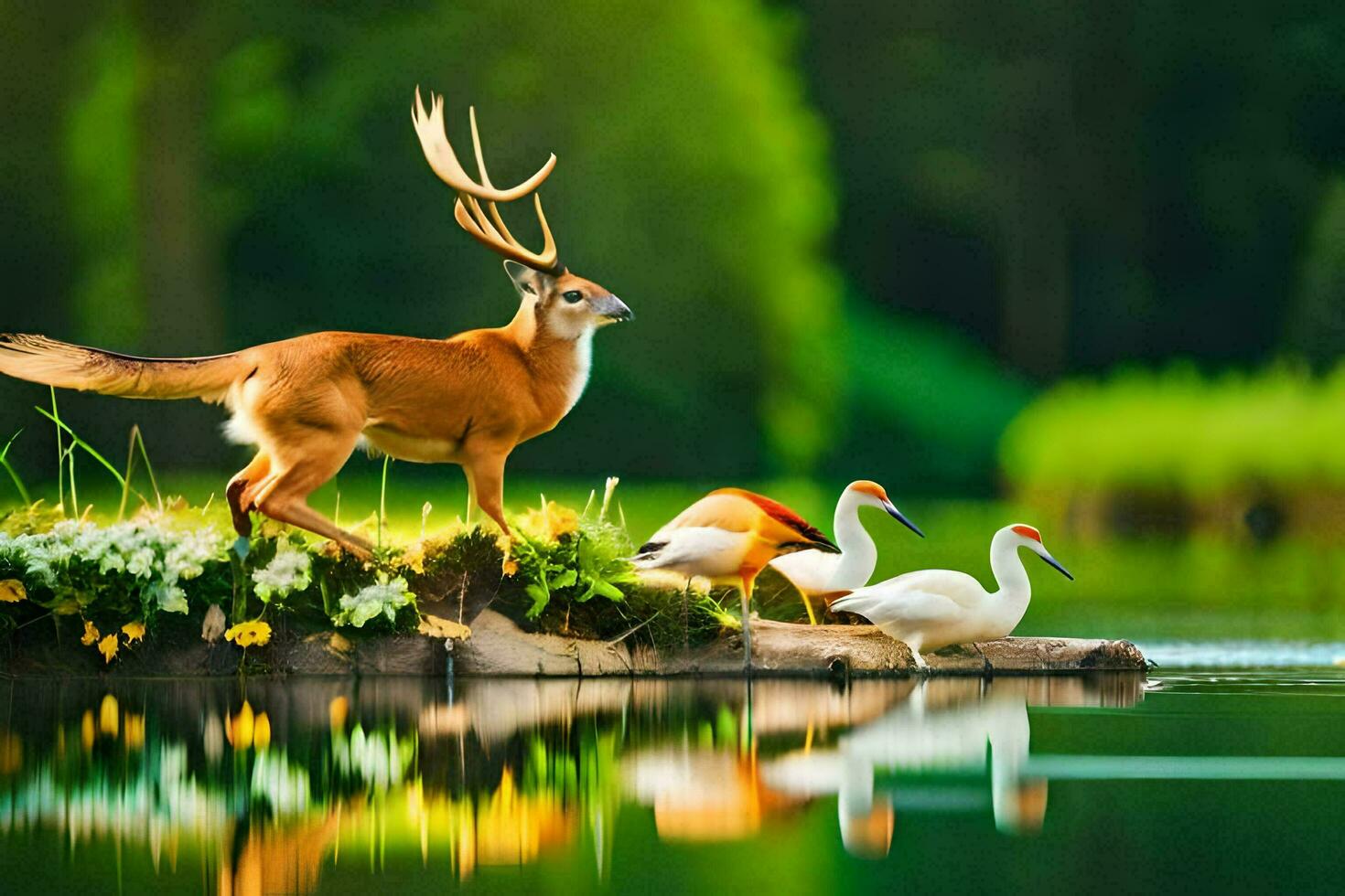 ciervo y patos en un lago en el bosque. generado por ai foto