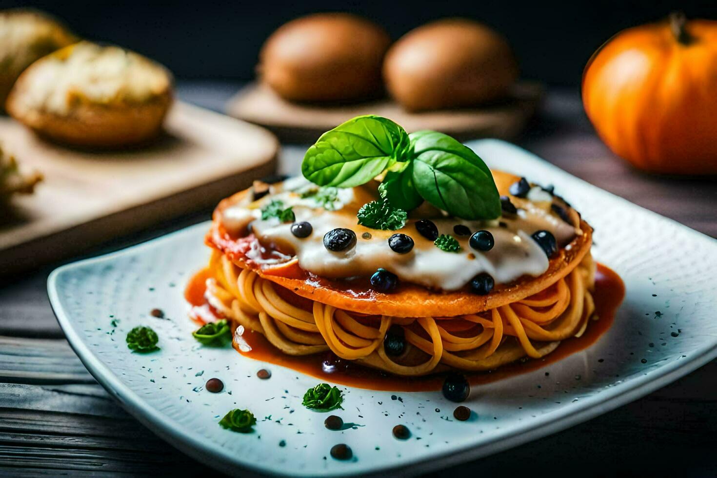 spaghetti with pumpkin and tomato sauce on a plate. AI-Generated photo