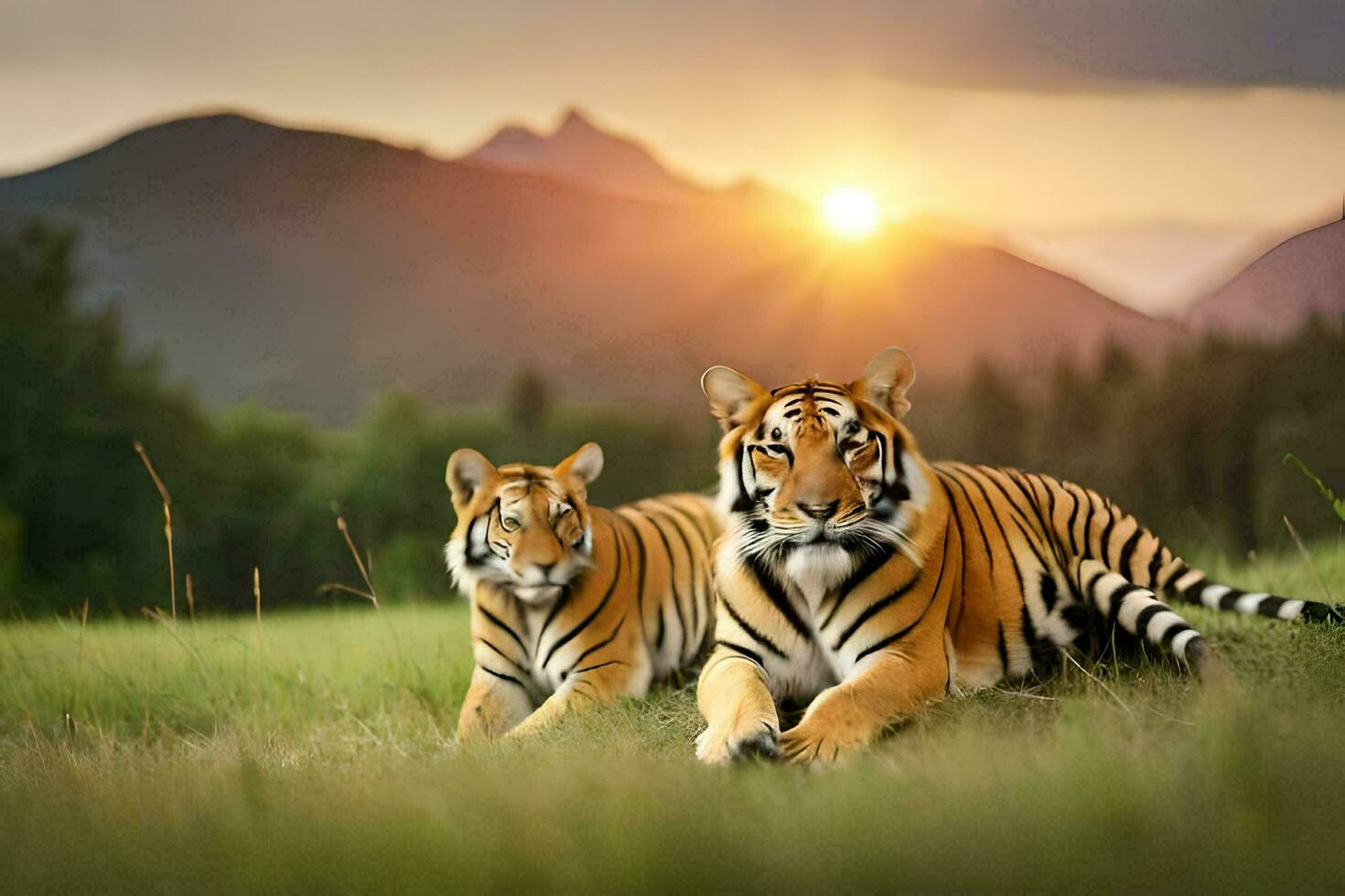 two tigers laying in the grass at sunset. AI-Generated photo